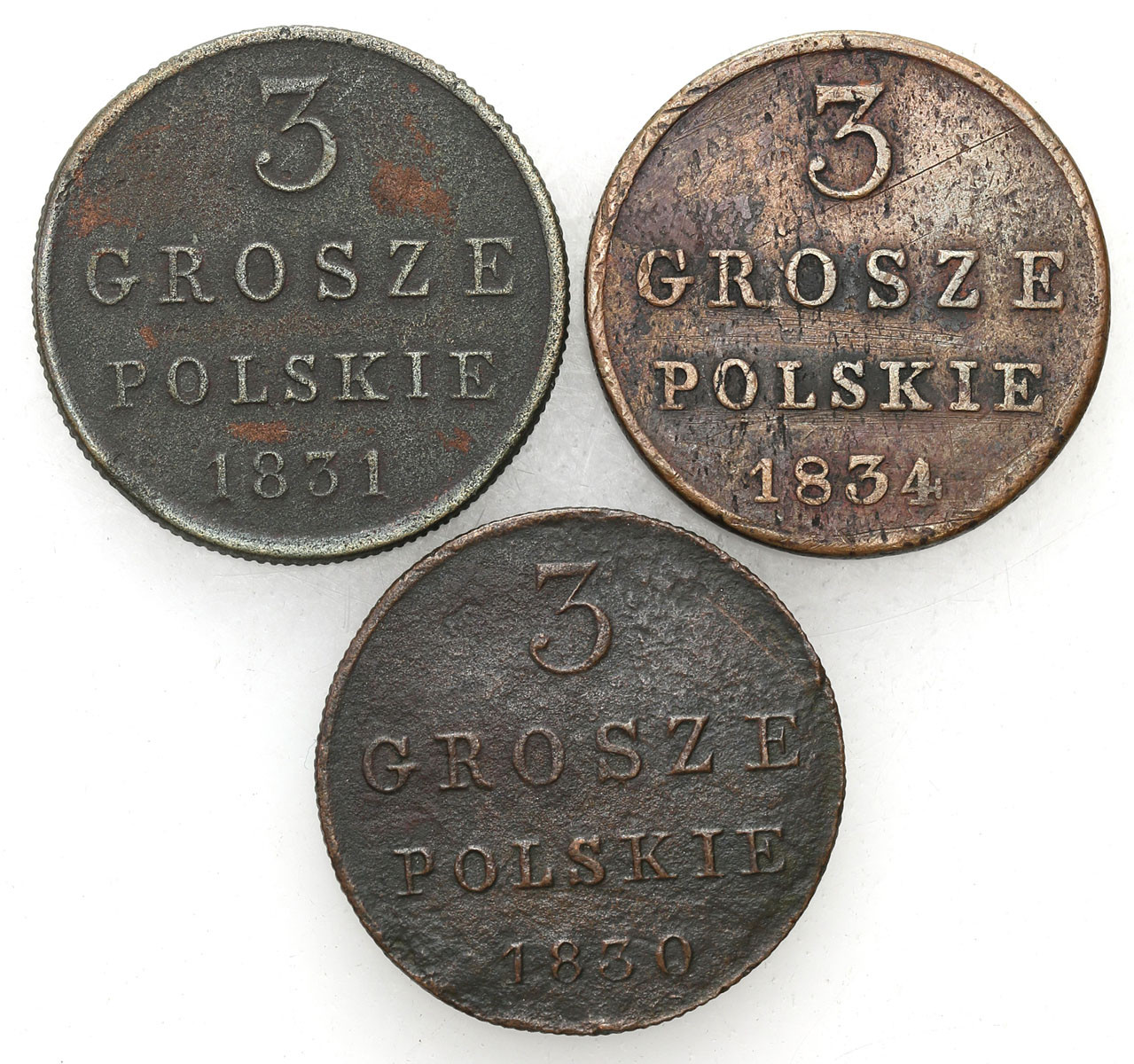Polska XIX w./Rosja. Mikołaj I. 3 grosze (trojak) 1830, 1831, 1834, Warszawa, zestaw 3 monet